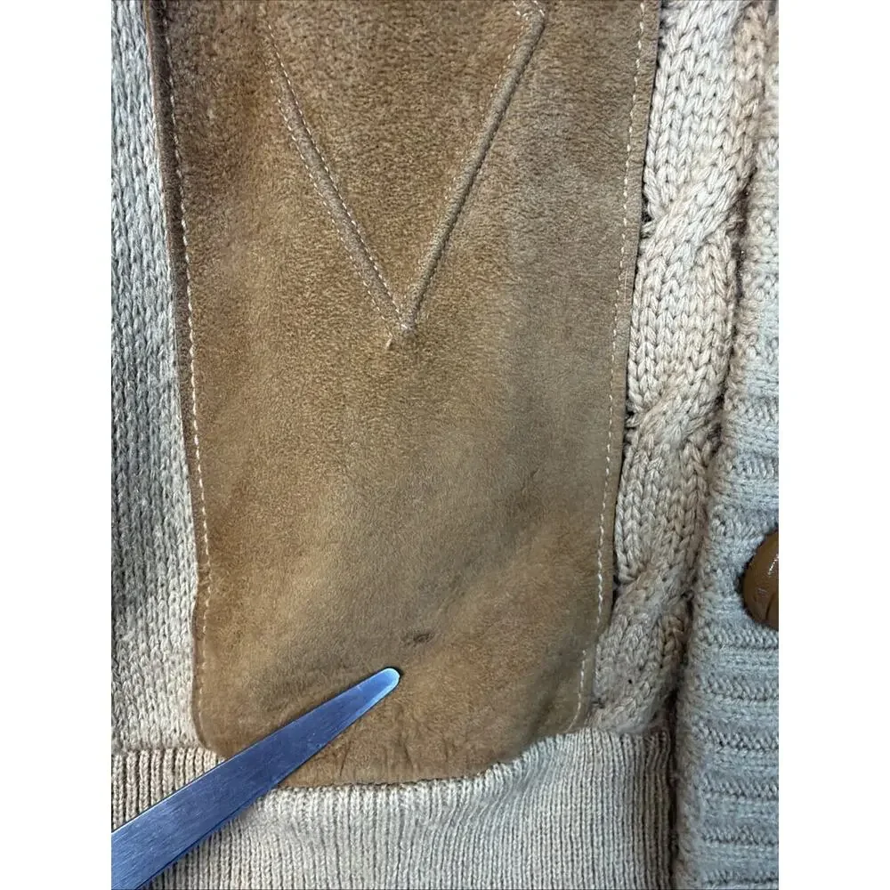 Vtg Troy Hill Cardigan Men's L Tan Grandpa Leather‎ Western Sweater Shawl USA